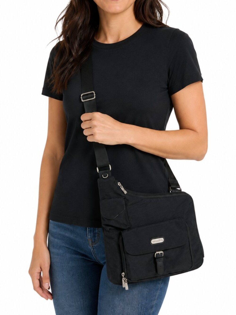 BAGGALLINI Criss Cross Crossbody Bag Purse Black Nylon Organizer Travel Everyday